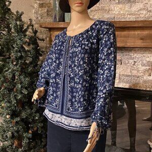LUCKY BRAND Blue Floral Long Sleeve Peasant Blouse Top LARGE ( MSRP: $99) NICE!